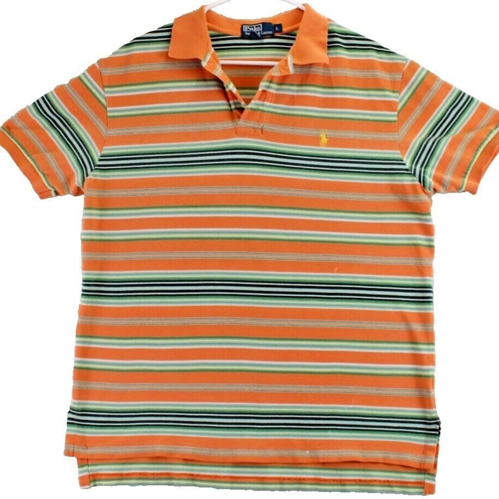 Polo‎ Ralph Lauren Short Sleeve Polo Shirt Men's Size L Orange Green Striped
